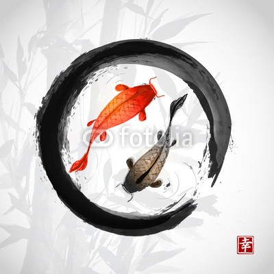 elinacious, Black enso zen circle with red and black fishes (abstrakt, tier, kunst, asiatisch, backgrounds, schöner, schönheit, schwarz, karpfen, chinese, kreis, kultur, dekoration, dekorativ, entwerfen, zeichnung, fisch, grafik, abbildung, abbild, tinte, japan, japanisch, koi, natur, orientalisch, mustern, ro)