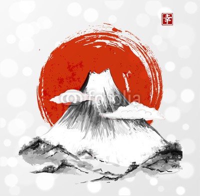 elinacious, Fujiyama mountain and big red sun. (japan, grafik, vektor, fahne, elemente, berg, kunst, backgrounds, hügel, isoliert, icon, natürlich, reisen, fels, felsig, zeichen, symbol, einfach, eis, asien, geformt, abstrakt, abbildung, auswahl, hoch, entwerfen, wasserfarben, malerei, draußen, se)