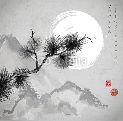 elinacious, Pine tree branch, mountains and the Moon (vermissen, baum, verzweigt, vektor, abbildung, dekoration, backgrounds, pflanze, weiß, natur, urlaub, traditionell, silhouette, nadel, nadel, wald, close-up, orientalisch, gelassenheit, chinese, peace, zeichen, kultur, symbol, ost, schwarz, asien, tint)