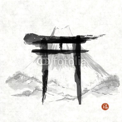 elinacious, Torii gates and Fujiyama mountain (shintō, abstrakt, tinte, entwerfen, malerei, isoliert, dekoration, tor, orientalisch, weiß, reisen, gelassenheit, rot, vektor, zeichen, kultur, symbol, grafik, elemente, zeichnung, schwarz, traditionell, tür, asien, torii, religiös, abbildung, ico)