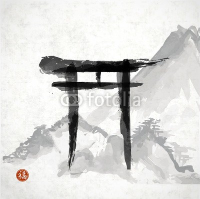 elinacious, Torii gates and mountains hand-drawn with ink i (abstrakt, architektur, kunst, asien, asiatisch, backgrounds, schöner, schwarz, bürste, gelassenheit, kultur, dekoration, tür, zeichnung, elemente, fuji, tor, grafik, icon, abbildung, tinte, isoliert, japan, japanisch, landschaft, natur, orientalisc)