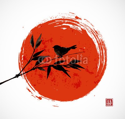 elinacious, Card with bamboo bird and big red sun (malerei, vögel, japan, bürste, pflanze, tapete, natürlich, orientalisch, weiß, gelassenheit, chinese, peace, leaf, kultur, symbol, vorlage, licht, grafik, ost, schwarz, asien, abstrakt, tinte, abbildung, zen, artwork, tradition, gärten, entwerfe)