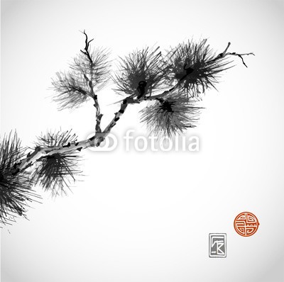 elinacious, Pine tree branch hand-drawn with ink (vermissen, tapete, baum, natürlich, orientalisch, reisen, gelassenheit, chinese, peace, vektor, zeichen, kultur, symbol, feier, grafik, ost, schwarz, traditionell, einfach, asien, -tannen, jahreszeit, tinte, abbildung, zen, dekorativ, bürste, traditio)