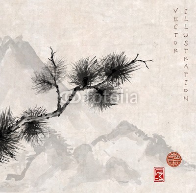 elinacious, Pine tree branch and mountains (china, asien, vermissen, malerei, asiatisch, baum, vektor, artwork, bürste, wald, stil, close-up, dekoration, orientalisch, weiß, gelassenheit, chinese, peace, berg, zeichen, kultur, urlaub, symbol, ost, schwarz, traditionell, tinte, abbildung, ze)