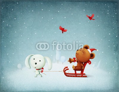 annamei, Greeting card Christmas Adventure Bear and Bunny (kunst, abbildung, begrüssung, urlaub, dekoration, weihnachten, spielwaren, zeichnung, abbild, hase, hase, spiel, bär, teddy, textur, jahrgang, fantasy, abenteuer, familie, papier, alt, retro, event, inspiration, entwerfen, ideen, winter, jahreszei)