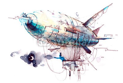okalinichenko, airship (mann, luftschiff, erreichen, mond, prallluftschiff, luft, verkehr, backgrounds, fliegender, objekt, himmel, reisen, abbildung, spaß, vektor, körbe, maschinerie, entwerfen, stil, romanze, single, abenteuer, weiß, sprechblase, begrüssung, temperature)