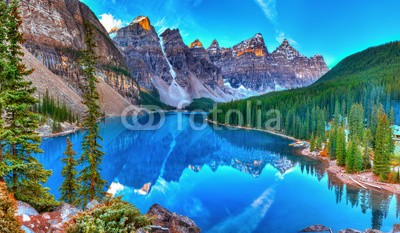 aiisha, Moraine lake sunrise (moräne, see, banff, national, park, kanada, 10, pike, felsig, berg, wald, alberta, landschaft, berg, kanadier, natur, blau, landschaftlich, schöner, wasser, felsig, vale, schnee, fels, gletscher, türkis, berühmt, tourismus, sommer, panorama, morgen)