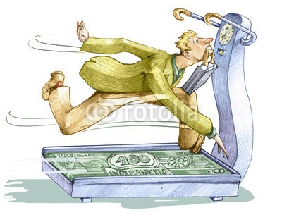 nuvolanevicata, economic treadmill (mann, blick, krabbeln, laufband, geldschein, wirtschaft, wettbewerb, gewinnen, schnell, zeit, mühe, existenzgründer, investor, abhängen, work, pressure, märkte, abbildung, kunst, backgrounds, konzept, surreal, fantasy, charakter, cartoons, sarkasmu)