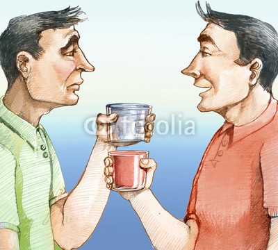 nuvolanevicata, Optimism and pessimism (mann, optimistisch, pessimistisch, voll, leer, charakter, visionen, stimmung, blickwinkel, persönlichkeit, attitude, different, psychologie, positive, negative, extrem, abbildung, kunst, backgrounds, konzept, surreal, fantasy, charakter, cartoon)