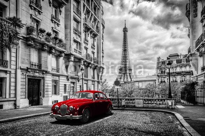 Photocreo Bednarek, Artistic Paris, France. Eiffel Tower seen from the street with red retro limousine car. (paris, frankreich, eiffelturm, turm, straße, rot, autos, stadt, haus, französisch, architektur, reiseziel, niemand, reisen, europäisch, urbano, orientierungspunkt, symbol, tour, gebäude, historisch, pariser, romantisch, europa, eiffeltur)