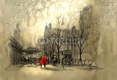 grandfailure, couple in red walking on street of city,freehand sketch (kunst, kunstvoll, artwork, farbe, abbildung, öl, malerei, stil, wasserfarben, paar, liebe, stadt, romantisch, romanze, zeitpunkt, mann, frau, leute, valentin, backgrounds, tage, straße, gehend, urbano, lebensstil, 2, miteinander, rot, jahrgang, love)