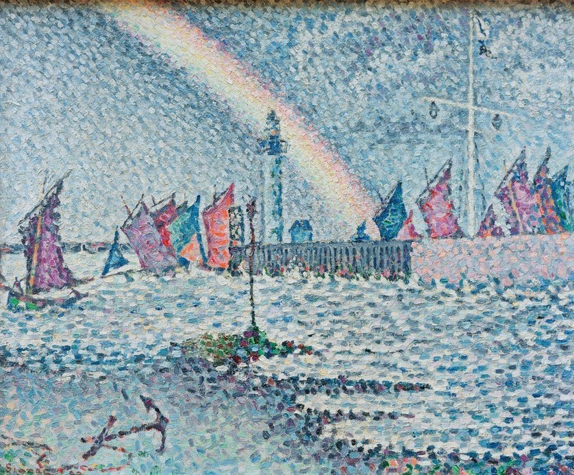 Paul Signac, Entrée du port de Honfleur (Geographie,Hafen,Kunst,Leuchtturm,Mole,Segelboot,Pointillismus,Anker,Französische Kunst,Topographie,Schifffahrt)
