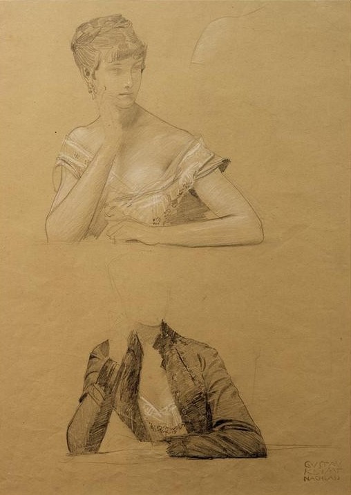 Gustav Klimt, Zwei Studien einer an einem Tisch sitzenden jungen Frau  (Mensch und Gesellschaft)