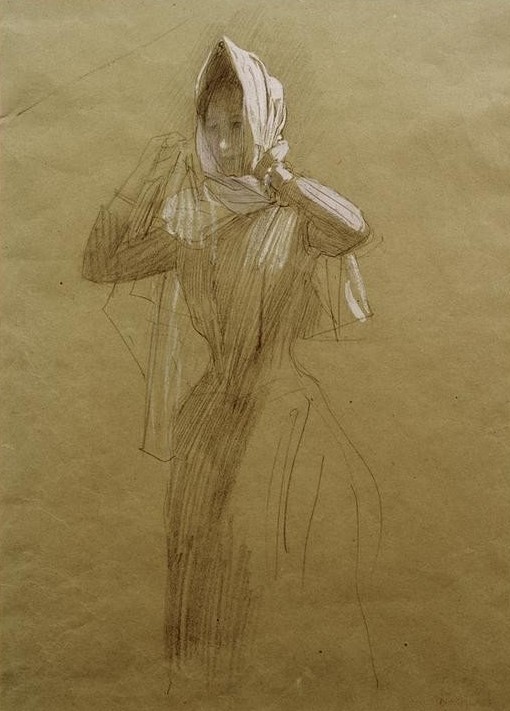 Gustav Klimt, Stehende junge Frau, ein Kopftuch umlegend  (Mensch und Gesellschaft)