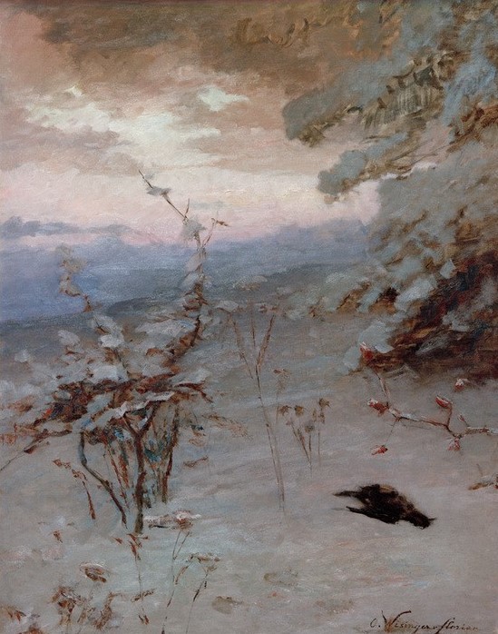 Olga Wisinger-Florian, Winter  (Natur, Baum, Winter, Jahreszeit, Schnee, kälte, toter Vogel, erfrieren, Wunschgröße, Impressionismus, Wohnzimmer)