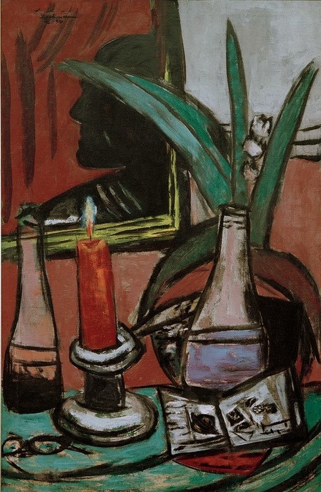 Max Beckmann, Selbstbildnis im großen Spiegel mit Kerze (Stillleben, Expressionismus, Klassische Moderne, Malerei, Wohnzimmer, Esszimmer, Treppenhaus, Wunschgröße, bunt)