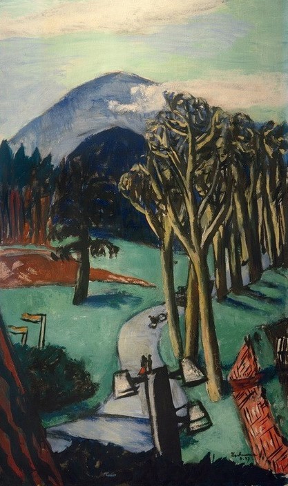 Max Beckmann, Golfplatz Baden-Baden (Landschaft, Landschaftsmalerei, Allee, Weg, Berg, Sport, Golf, Klassische Moderne, Malerei, Expressionismus, Wunschgröße, Wohnzimmer, bunt)