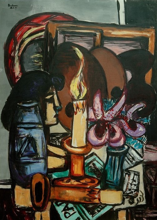 Max Beckmann, Stillleben mit zwei großen Kerzen (Stillleben, Expressionismus, Klassische Moderne, Malerei, Wohnzimmer, Esszimmer, Treppenhaus, Wunschgröße, bunt)