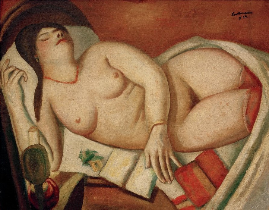 Max Beckmann, Schlafende (Aktmalerei, nackte Frau, Liegende, erotisch, Menschen, Expressionismus, Klassische Moderne, Malerei, Wohnzimmer, Schlafzimmer, Wunschgröße, bunt)