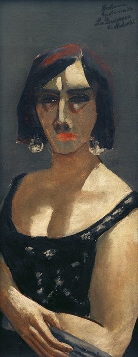 Max Beckmann, Bildnis La Duchessa ""di Malvedi"""" (Bildnis, Portrait, Dame, Dekoltee, Klassische Moderne, Malerei, Expressionismus, Mensch und Gesellschaft, Wunschgröße, Wohnzimmer, bunt)