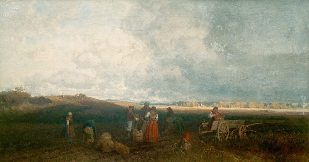 Joseph Wopfner, Kartoffelernte im Chiemgau  (Landschaft, Landschaftsmalerei, Bauern, bäuerliche Szene, Landwirtschaft, Ernten, Kartoffeln, Münchener Schule, Wunschgröße, Malerei, Klassiker, Wohnzimmer)