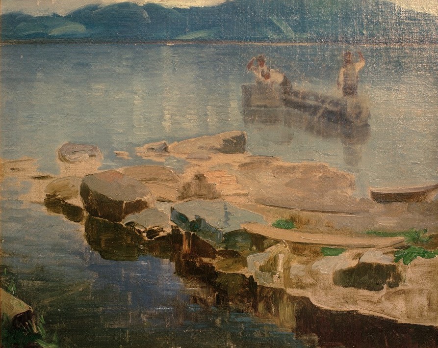Joseph Wopfner, Felsenzunge im Eibsee mit Fischern  (Chiemsee, Bayern, Berge, Fischerboot, Fischer,  Münchener Schule, Wunschgröße, Malerei, Klassiker, Wohnzimmer)