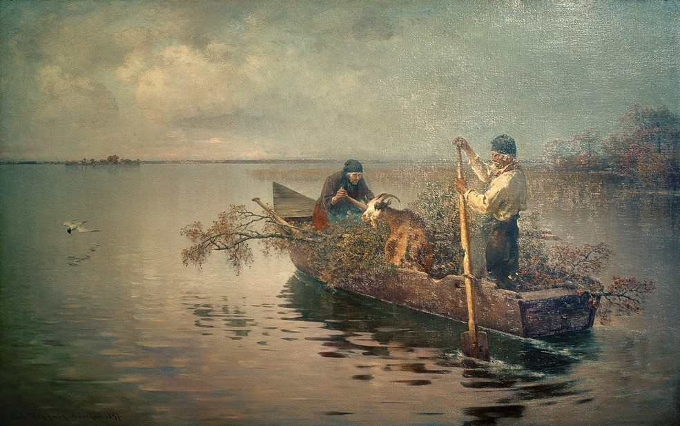 Joseph Wopfner, Herbst  (Chiemsee, Bayern, Boot, Reisig, Äste, Transport, Ziege, Jahreszeit, Münchener Schule, Wunschgröße, Malerei, Klassiker, Wohnzimmer)