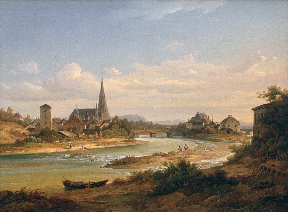 Wilhelm Scheuchzer, Au bei München  (Landschaft, Stadt, München, Fluss, Isar, Panorama, idealisiert, Romantik, Klassiker, Wunschgröße, Wohnzimmer)