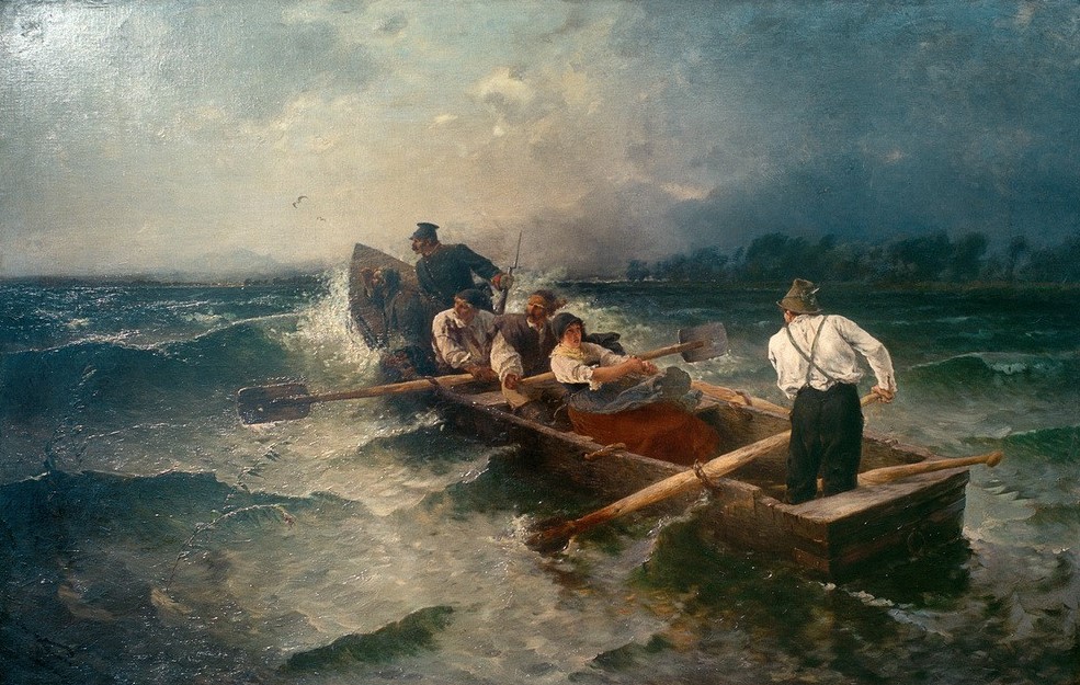 Joseph Wopfner, Verfolgung von Wilderern  (Chiemsee, Bayern, Boot, Verfolgung, Polizist, Sturm, Seegang, Rudern, Münchener Schule, Wunschgröße, Malerei, Klassiker, Wohnzimmer)