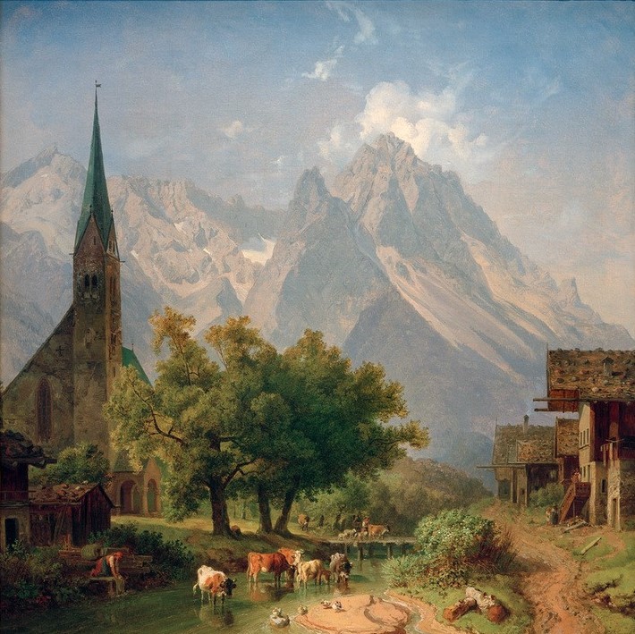 Heinrich Bürkel, Die alte Pfarrkirche in Garmisch (Landschaft, Landschaftsmalerei, Berge, Gebirge, Kühe, Vieh, Bergdorf, Hof, Kirche, ländlich, bäuerlich, Biedermeier, Nostalgie, Wunschgröße, Malerei, Wohnzimmer,)