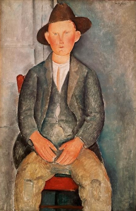 Amedeo Modigliani, Bauernjunge (Bauer (Landwirt),Dorfkind,Kind,Kopfbedeckung,Kunst,Mensch,Hut,Portrait,Expressionismus,Italienische Kunst,Knabe,Landbevölkerung,Sitzen)