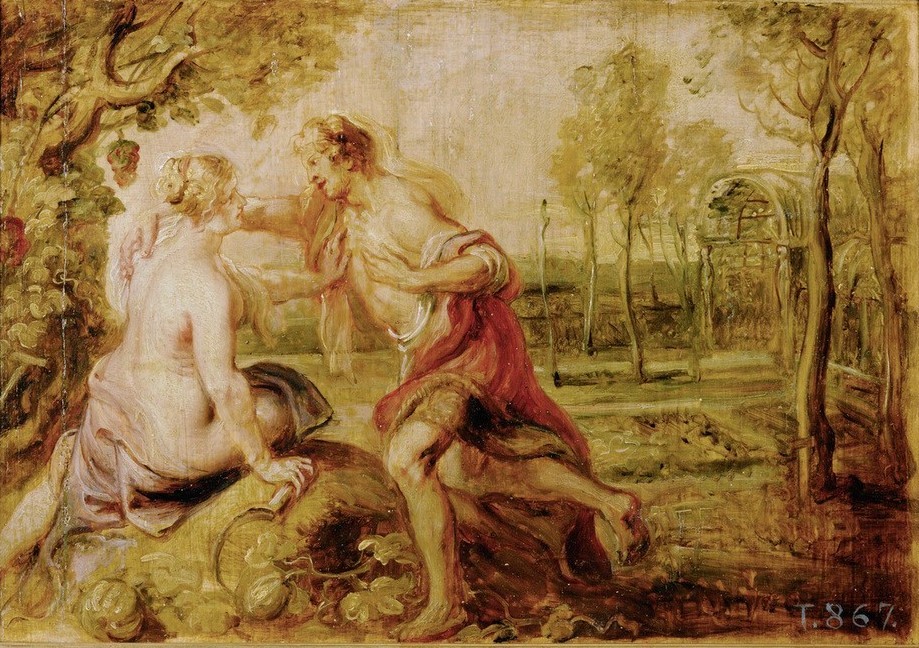 Peter Paul Rubens, Vertumnus und Pomona (Erotik,Flämische Kunst,Früchte,Herbst,Kunst,Liebe,Mythologie,Nymphe,Barock,Akt,Sichel,Bozzetto,Niederländische Kunst,Erotische Kunst,Liebeslist,Alte Frau,Gefühl (Stimmung),Griechisch-Römische Mythologie)