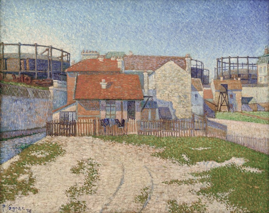 Paul Signac, Les gazomètres, Clichy (Architektur,Kunst,Pointillismus,Gasometer,Gas,Vedute,Architekturdarstellung,Französische Kunst,Energieversorgung,Gasversorgung,Industrielandschaft,Vorort)