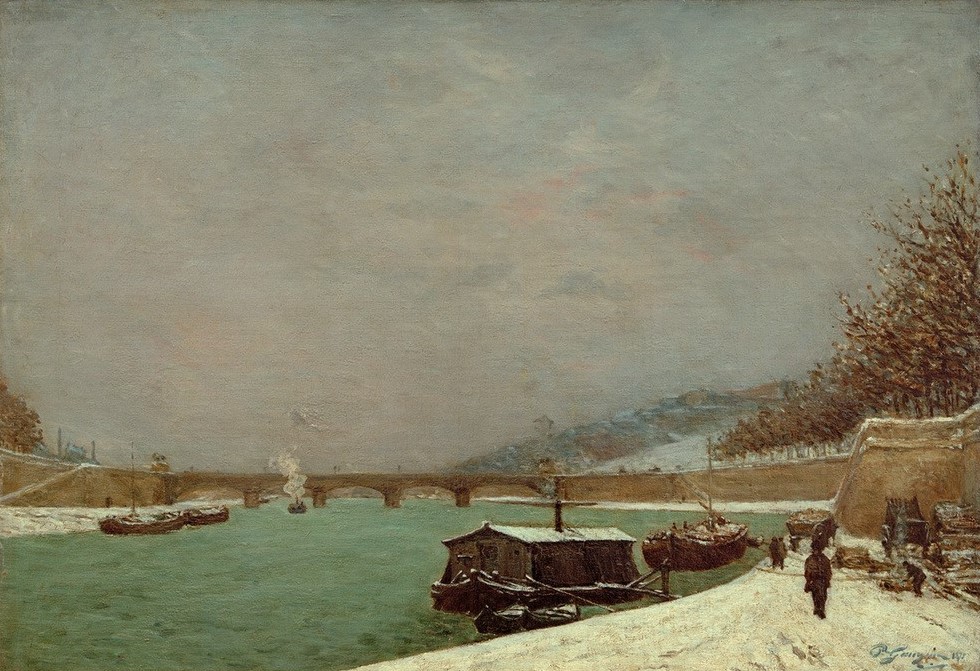 Paul Gauguin, La Seine au Pont d'Iéna (Brücke,Geographie,Landschaft,Schiff,Winter,Impressionismus,Schnee,Fluss,Stadtansicht,Französische Kunst,Topographie)