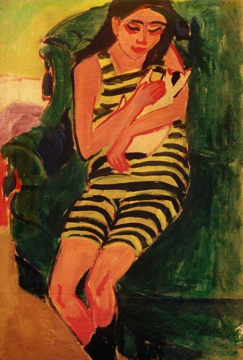 Ernst Ludwig Kirchner, Fränzi mit Katze (Deutsche Kunst,Jugend (Lebensalter),Katze (Tier),Kind,Kunst,Mädchen,Mensch,Portrait,Expressionismus,Kind Und Tier,Tierliebe,Die Brücke,Trikot,Tier,Sitzen,Querstreifen,Streifen,Ganzfigurig)