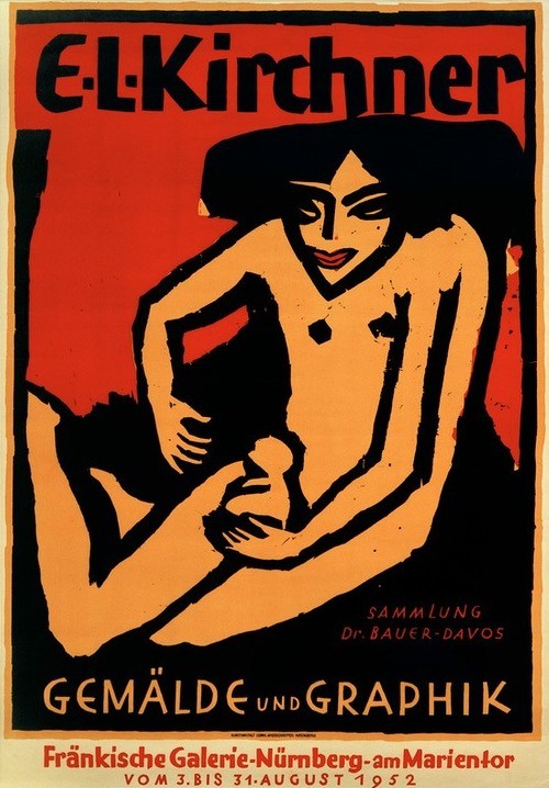 Ernst Ludwig Kirchner, Plakat für die Ausstellung E.L.K., Fränkische Galerie, Nürnberg, 1952 (Ausstellung,Deutsche Kunst,Frau,Kunstausstellung,Kunst,Plakat,Akt,Expressionismus,Die Brücke,Typographie,Sitzen,Ganzfigurig,Offset,Schrift)