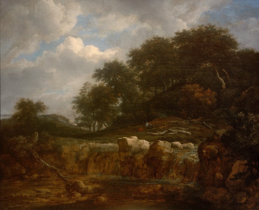 Jacob van Ruisdael, Wasserfall in hügeliger Waldlandschaft (Himmel (Natur),Kunst,Landschaft,Wolke,Wald,Wasserfall,Barock,Fluss,Felsen,Niederländische Kunst,Hügel)