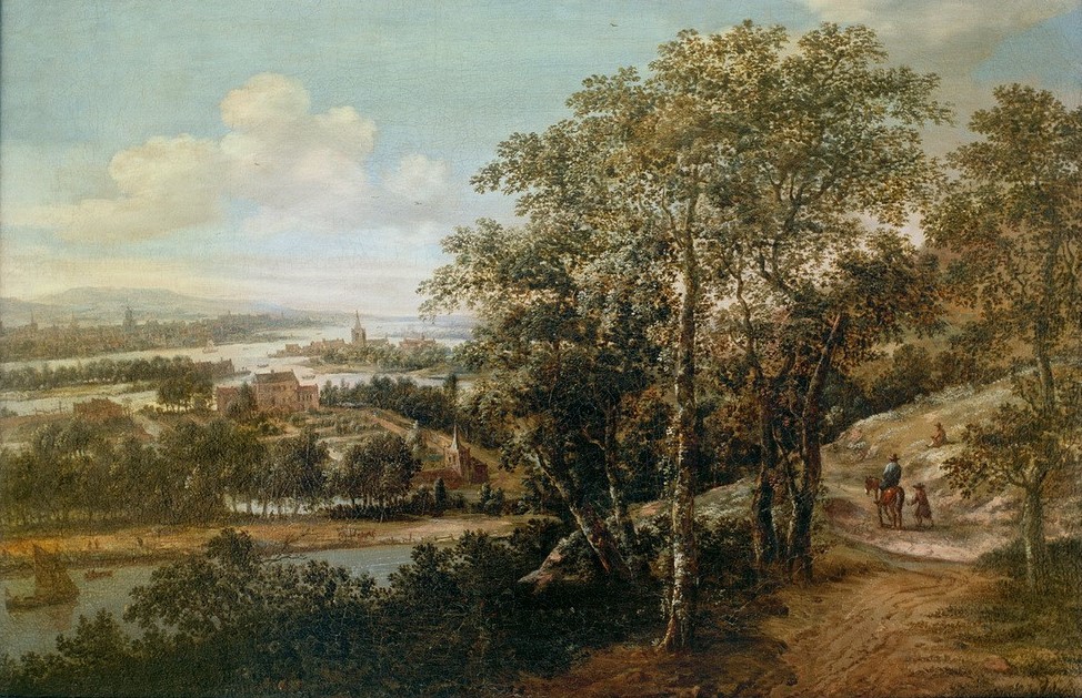 Dionys Verburg, Weite Flusslandschaft mit einem Reiter und weiteren Figuren im Vordergrund (Himmel (Natur),Kunst,Landstrasse,Landschaft,Reiter,Barock,Fluss,Baum,Reise,Niederländische Kunst,Panorama,Baumgruppe,Laubbaum)