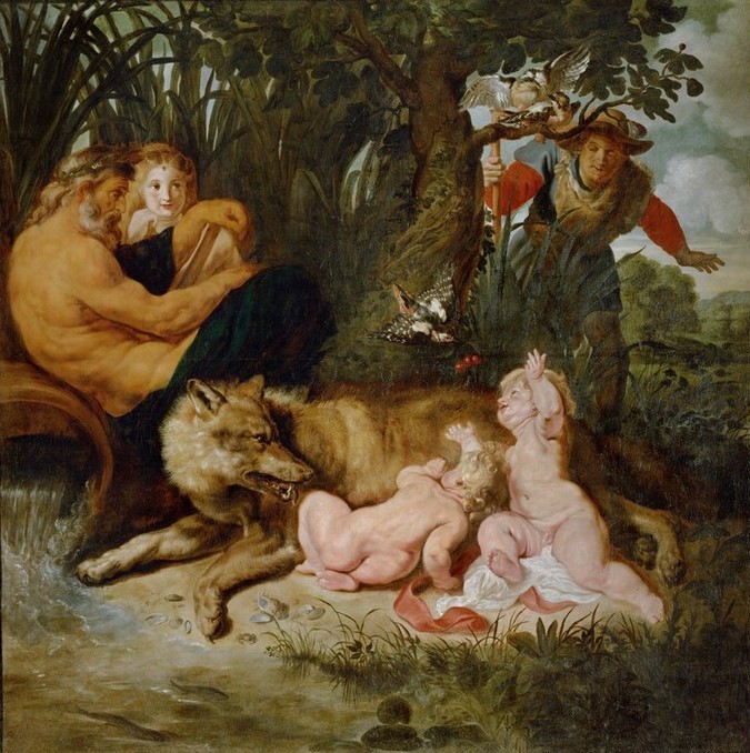 Peter Paul Rubens, Romulus und Remus (Findelkind,Flämische Kunst,Sage,Kind,Kunst,Mythologie,Szene,Wolf,Nymphe,Stillen,Barock,Akt,Kleinkind,Quelle,Zwillinge (Geschwister),Flussgott,Niederländische Kunst,Knabe,Tier,Säugen,Kapitolinische Wölfin,Wolfskind,Person)