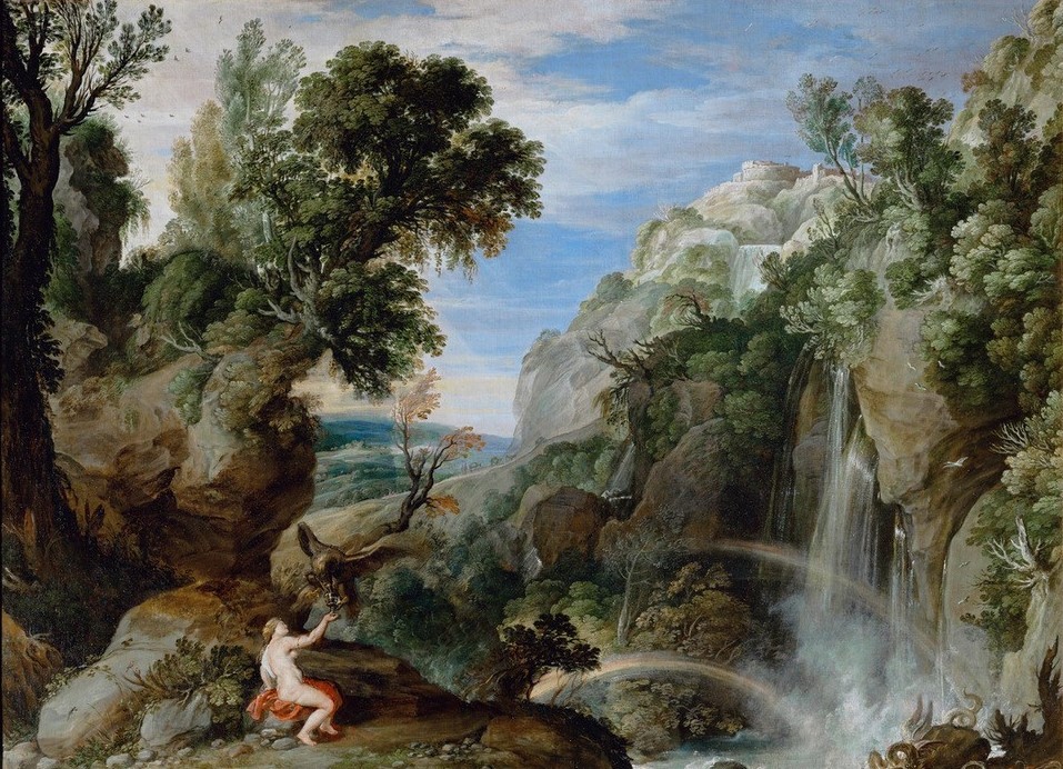 Peter Paul Rubens, Landschaft mit Hebe (oder Psyche) (Adler,Flämische Kunst,Kunst,Landschaft,Vogel,Wetter,Wasserfall,Barock,Regenbogen,Niederländische Kunst,Göttin,Gott,Ideale Landschaft,Gemeinschaftsbild)