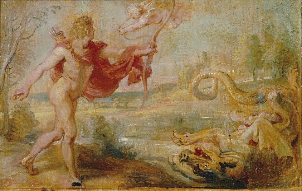 Peter Paul Rubens, Apollon tötet die Pyhtonschlange (Flämische Kunst,Kunst,Liebe,Mythologie,Waffe,Barock,Bozzetto,Niederländische Kunst,Götter,Gott,Python,Sägen,Pfeil Und Bogen,Drache (Fabelwesen),Griechisch-Römische Mythologie)