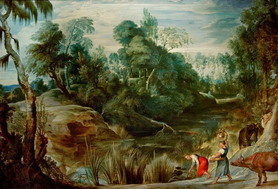 Peter Paul Rubens, Der Teich im Walde (Flämische Kunst,Kunst,Landschaft,Rind,Wasserversorgung,Wald,See,Niederländische Kunst,Magd,Frauenleben,Auf Dem Kopf Tragen,Krug)