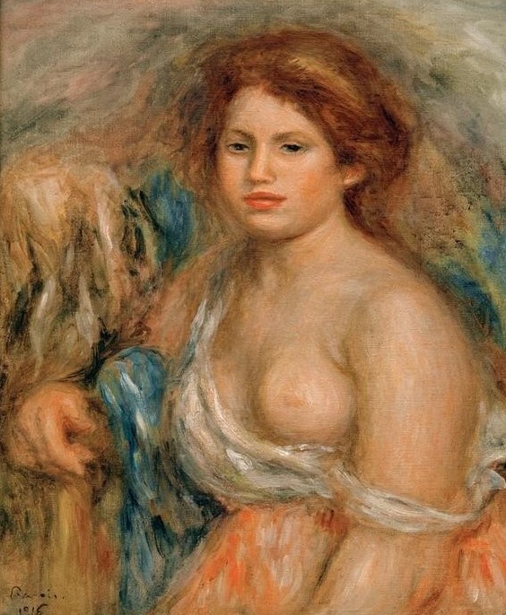 Pierre-Auguste Renoir, Brustbildnis (Frau,Kunst,Maler (Künstler),Mensch,Impressionismus,Akt,Busen,Portrait,Französische Kunst,Nacktheit,Halbakt,Rote Haare,Junge Frau,Halbfigur)