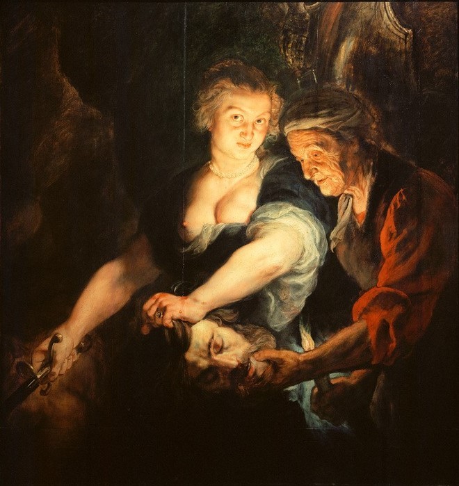 Peter Paul Rubens, Judith mit dem Haupt des Holofernes (Enthaupten,Flämische Kunst,Kunst,Schwert,Barock,Altes Testament,Busen,Grausamkeit,Bibel,Kerze (Licht),Mord,Niederländische Kunst,Magd,Licht Und Schatten)