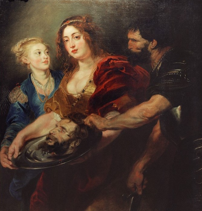 Peter Paul Rubens, Herodias und Salome mit dem Haupt Johannes des Täufers (Christentum,Enthaupten,Flämische Kunst,Religion,Rüstung (Schutzkleidung),Schwert,Soldat,Barock,Neues Testament,Bibel,Niederländische Kunst,Haupt Des Johannes,Leibwache)
