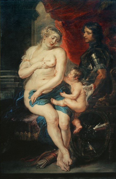 Peter Paul Rubens, Venus, Mars und Amor (Flämische Kunst,Frau,Liebe,Liebespaar,Mythologie,Pfeil,Schild (Schutz),Barock,Akt,Busen,Götterliebschaften,Köcher,Niederländische Kunst,Muttermilch,Griechisch-Römische Mythologie)