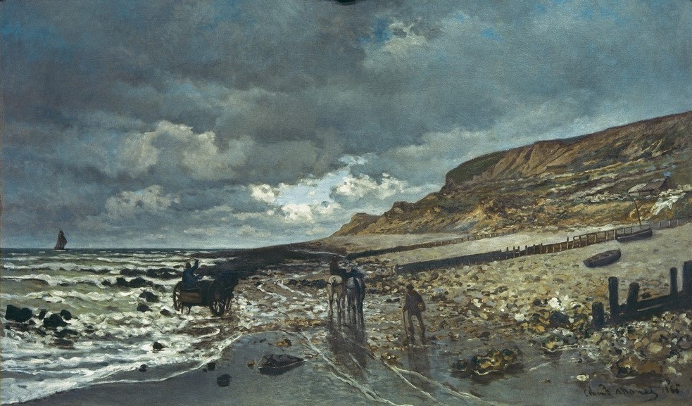 Claude Monet, Die Pointe de la Hève bei Ebbe (Boot,Himmel (Natur),Küste,Kunst,Landschaft,Mensch,Meteorologie,Pferd (Tier),Pferdewagen,Schiff,Strand,Wetter,Wolke,Meer,Impressionismus,Marinemalerei,Französische Kunst,Fussgänger,Ebbe,Unwetter,Gezeiten,Schlechtes Wetter,Bootsanlegestelle,Nimbus (Wolke),S)
