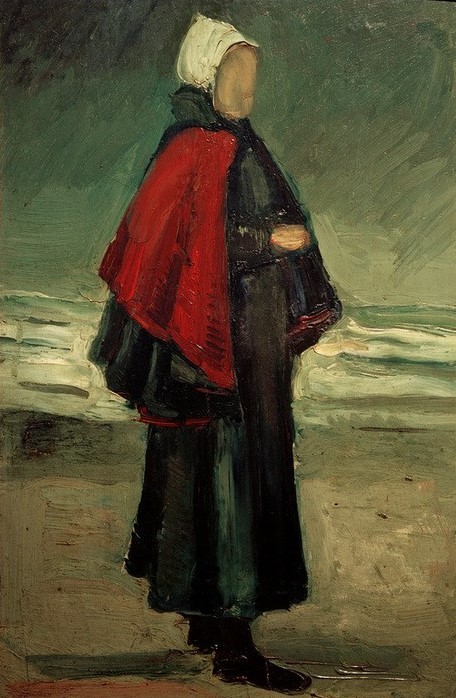 Vincent van Gogh, Fischersfrau am Strand (Fischerei,Frau,Kopfbedeckung,Kunst,Mensch,Strand,Meer,Impressionismus,Portrait,Haube,Niederländische Kunst,Kleidung (Allgemein),Ganzfigurig,Fischerin,Postimpressionismus,Umhang)