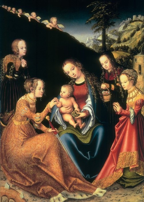 Lucas Cranach der Ältere, Verlobung der Heiligen Katharina (Die Madonna mit dem Kinde (Christentum,Deutsche Kunst,Engel,Frau,Heilige,Kunst,Religion,Schwert,Turm,Verlobung,Renaissance,Maria Mit Kind,Neues Testament,Bibel,Putto,Jungfrau,Heiligenlegende,Jesusknabe,Mystische Vermählung,Weintraube,Blumenkorb,Kind Auf Dem Schoss,Nothelferin,Drach)