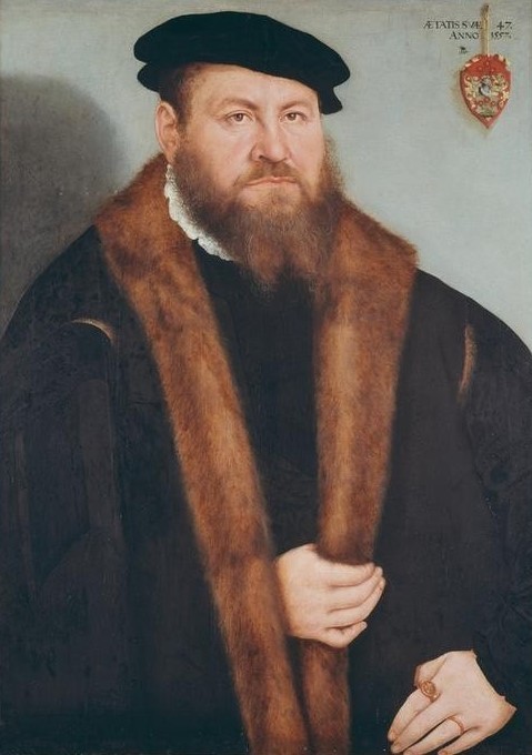 Lucas Cranach der Ältere, Bildnis eines siebenundvierzigjährigen Mannes (Deutsche Kunst,Mann,Mode,Schmuck,Bart,Männerschmuck,Renaissance,Portrait,Barett,Pelzkragen,Vollbart,Fingerring)